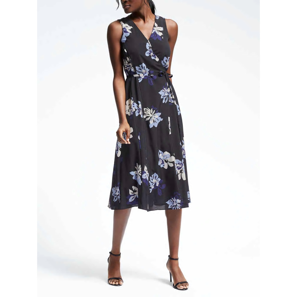 Banana Republic Black Blue Floral Print Sleeveless Midi Wrap Dress Size XS Tie